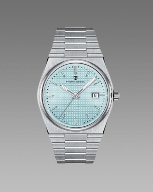 Luxury Pagani Design Stainless Steel Watch Aqua Blue Textured Dial on a gray background.