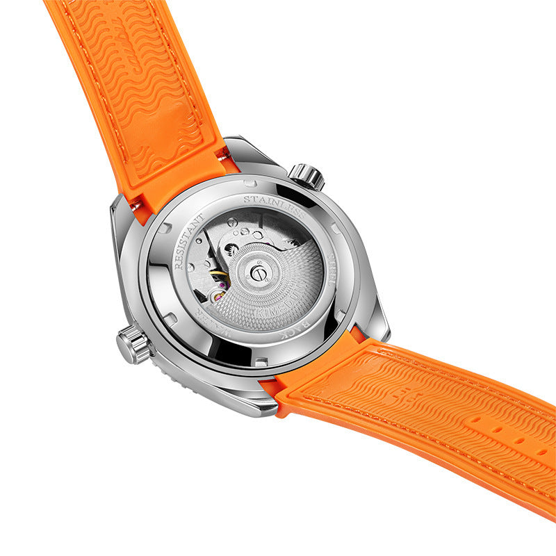 Luxury Design Automatic Mechanical Watch Luminous Waterproof Sports Watch back view with orange strap