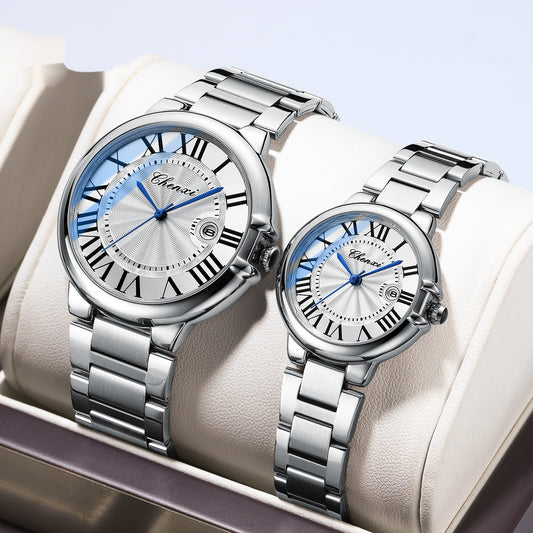 Royal Roman Couple Timepieces  Classic Calendar Dial with Waterproof Steel Belt 01