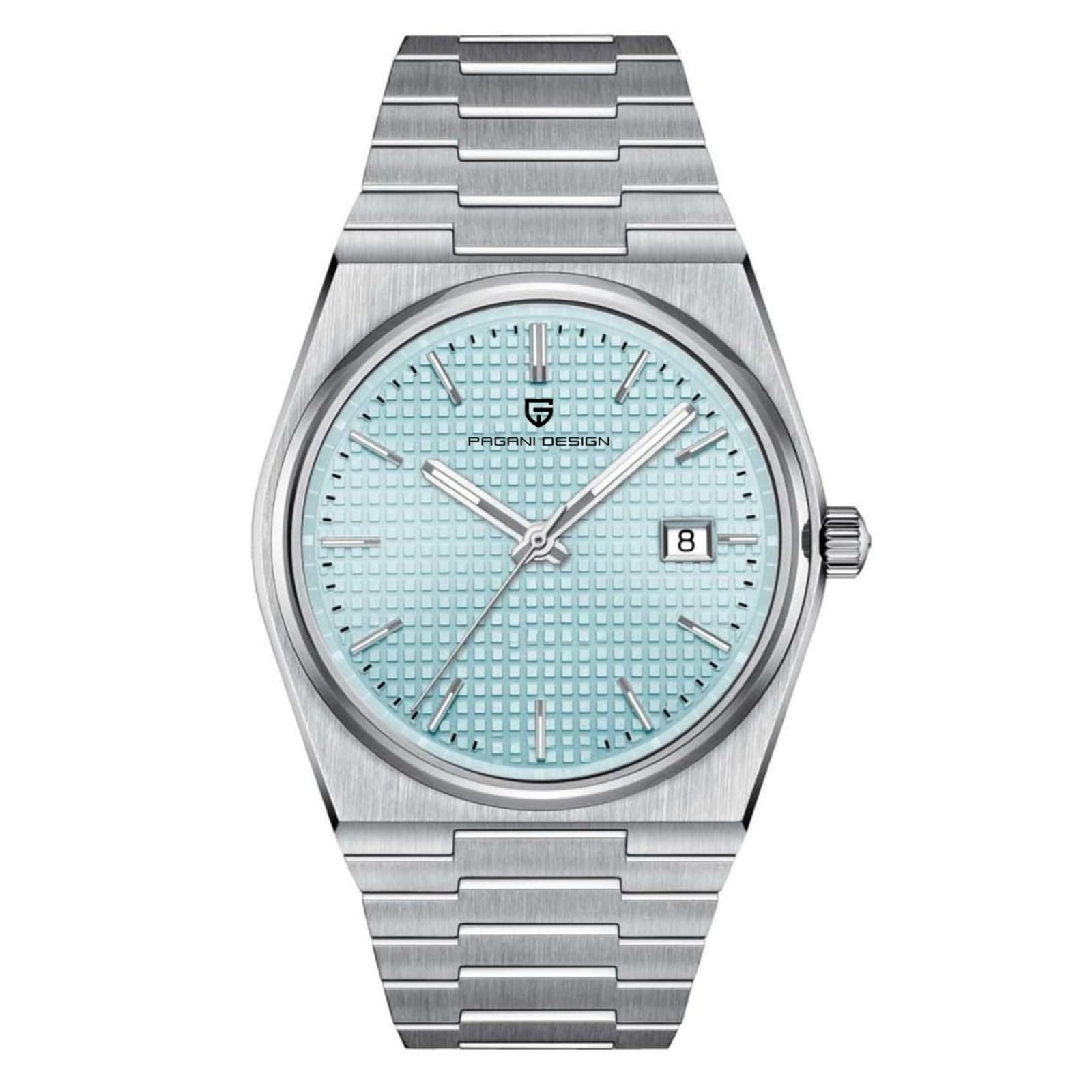 Luxury Pagani Design Stainless Steel Watch Aqua Blue Textured Dial on a silver metal band with a striking aqua blue dial.