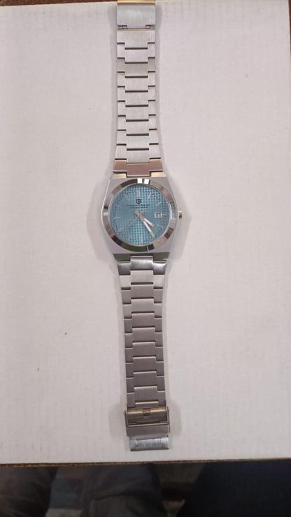 Luxury Pagani Design Stainless Steel Watch Aqua Blue Textured Dial on a white background.