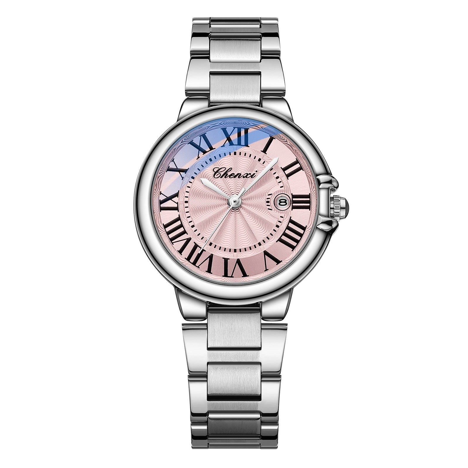 Royal Roman Couple Timepieces Classic Calendar Dial with Waterproof Steel Belt featuring a pink dial and silver steel band.