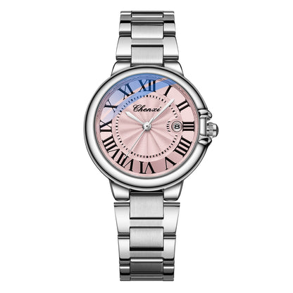 Royal Roman Couple Timepieces Classic Calendar Dial with Waterproof Steel Belt featuring a pink dial and silver steel band.