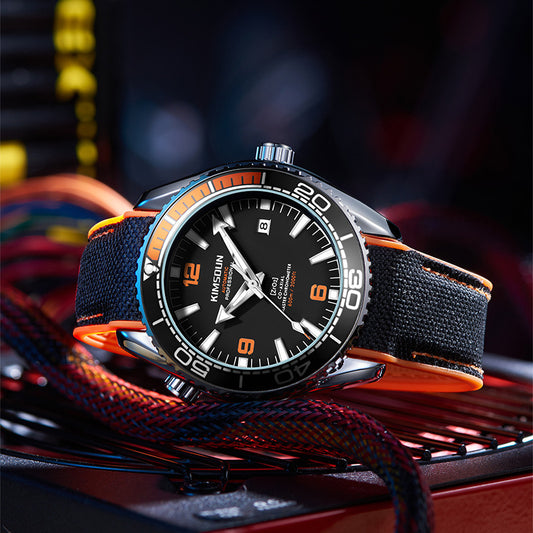 Luxury Design Automatic Mechanical Watch Luminous Waterproof Sports Watch with stainless steel and black strap.