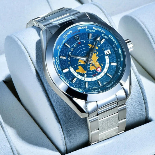 Men's Swiss Design Mechanical GMT Dual Time Zone Luminous Watrproof Watch