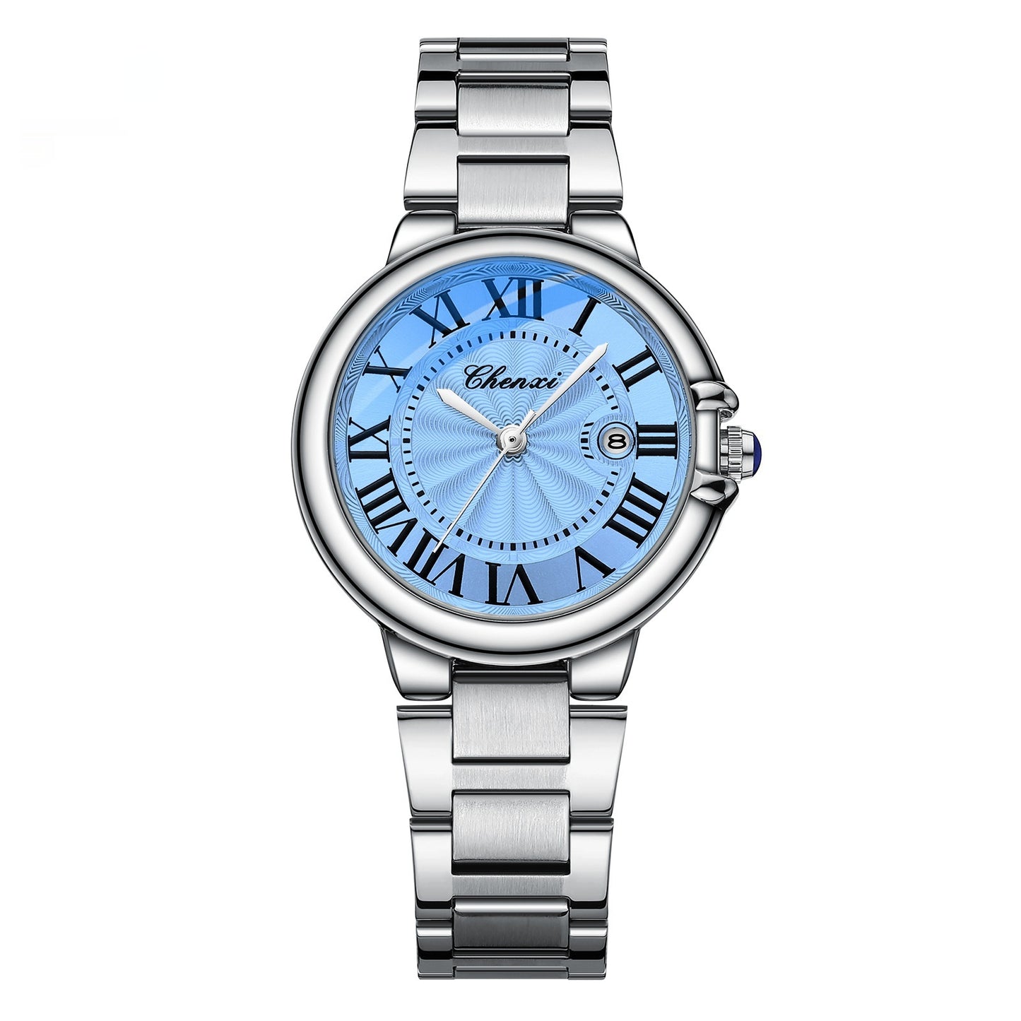 Royal Roman Couple Timepieces Classic Calendar Dial with Waterproof Steel Belt - Elegant blue dial with Roman numerals.