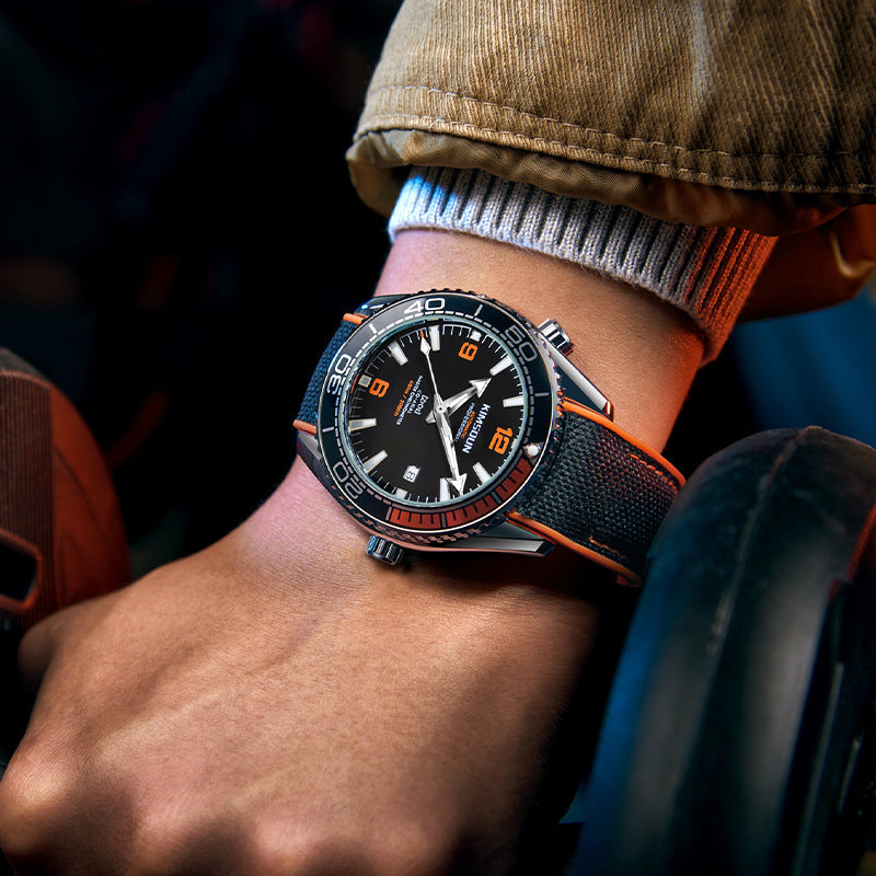 Luxury Design Automatic Mechanical Watch Luminous Waterproof Sports Watch on wrist in a sports setting.