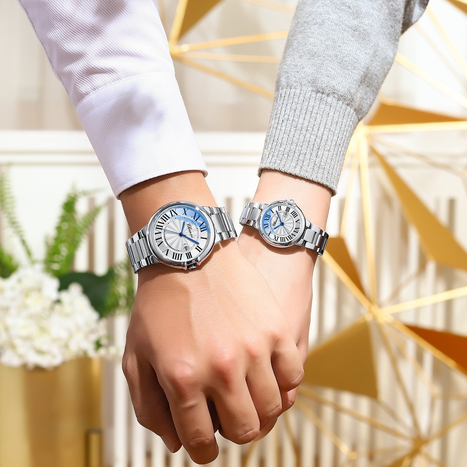Royal Roman Couple Timepieces  Classic Calendar Dial with Waterproof Steel Belt 03