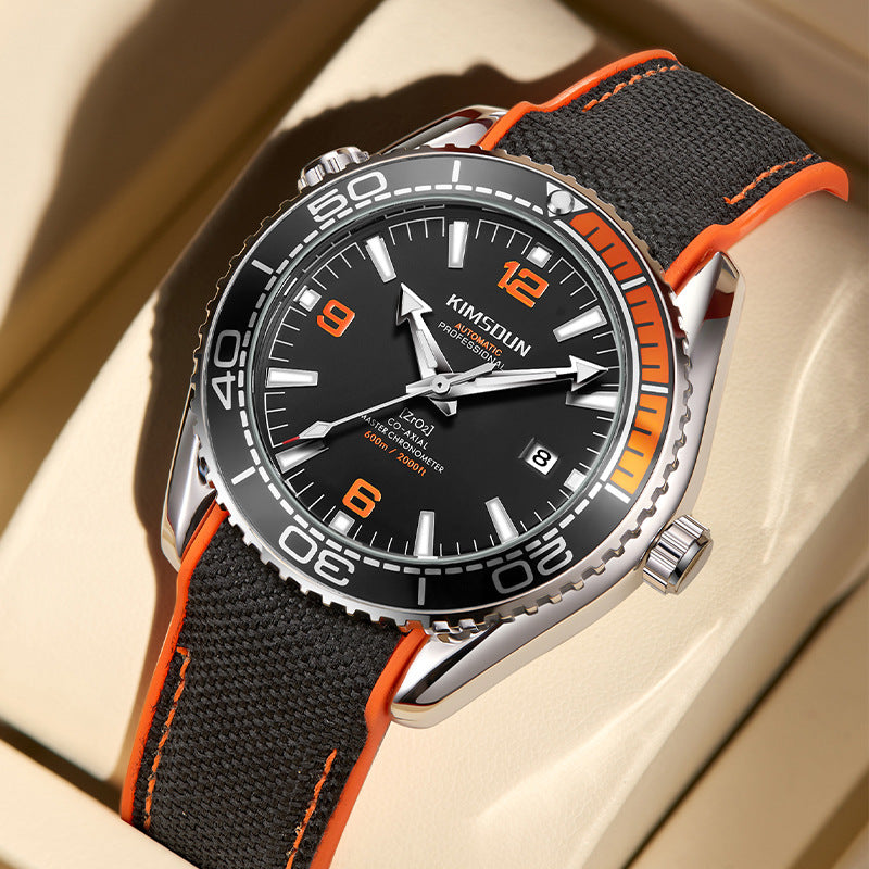 Luxury Design Automatic Mechanical Watch Luminous Waterproof Sports Watch with black dial and orange accents.