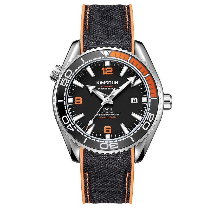 Luxury Design Automatic Mechanical Watch Luminous Waterproof Sports Watch with black surface and orange accents